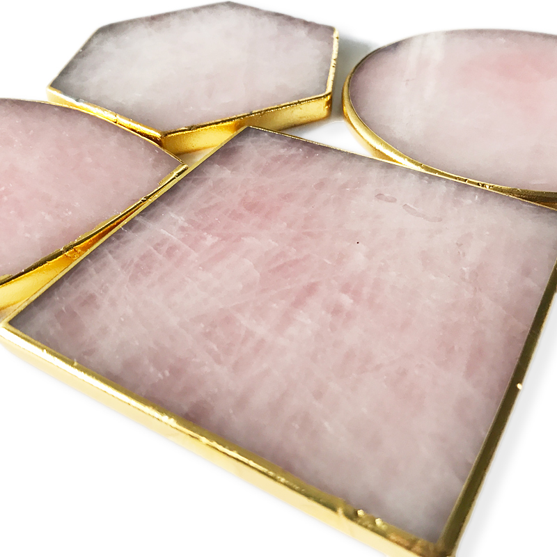 Gemstone square coaster with gold rim,rose quartz slice coaster for home decor