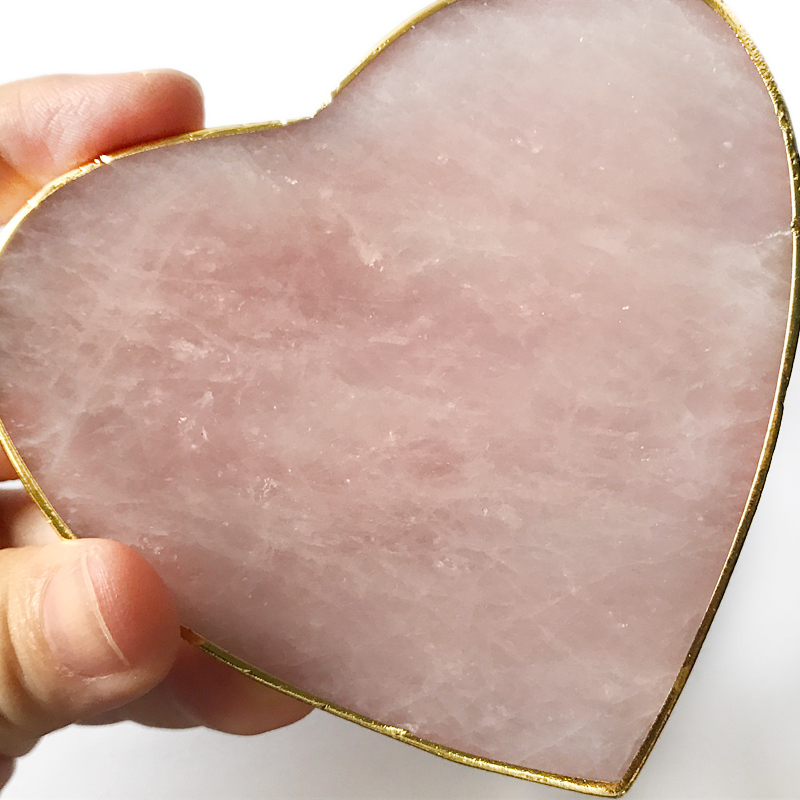 Rose quartz coaster,heart shaped gold rimmed gemstone coasters